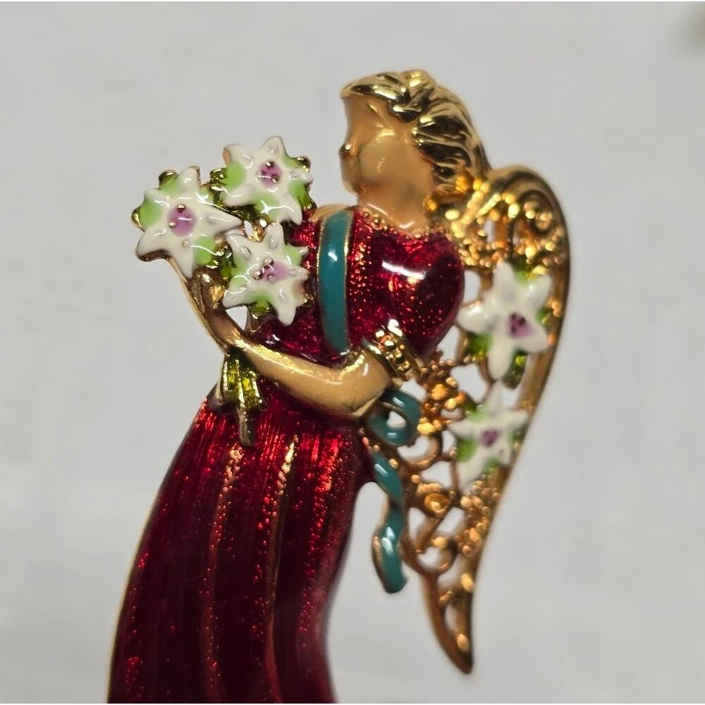 Christopher Radko Christmas Angel Brooch Gold Tone Red Enamel Signed Rare VTG - Picture 4 of 9